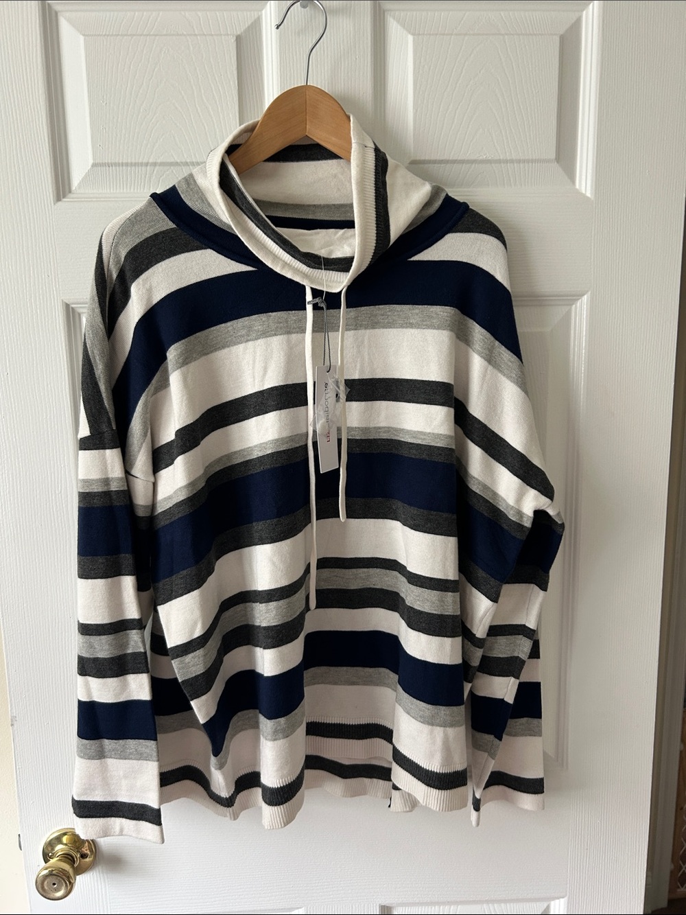 Liz Claiborne Navy, White & Gray Striped Cowl Neck Sweater